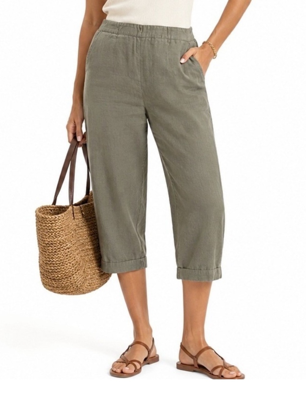 Pure J.Jill 100% Linen Capris Elastic Waist 4 Pockets Teal/Green